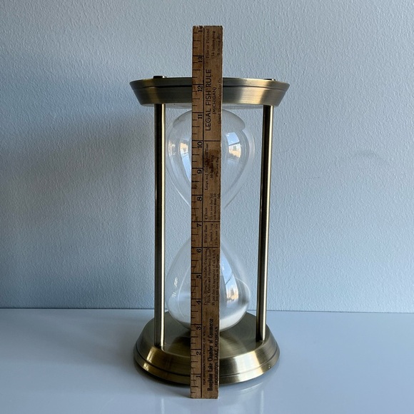 Brushed brass-tone hourglass with three columns glass with white sand 12.25” B2 - Picture 5 of 5